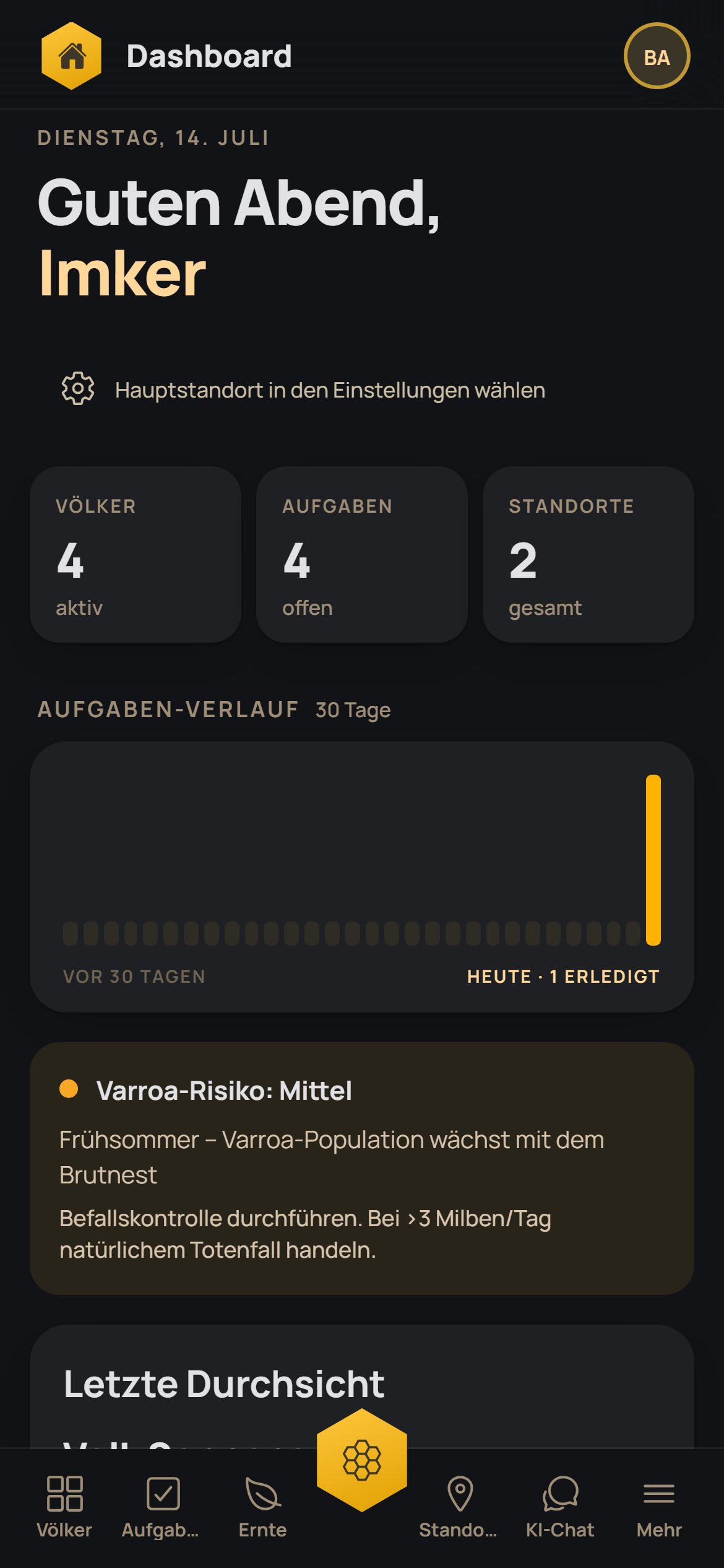 BeeAssist auf dem Smartphone mit Wetterkachel und Kennzahlen